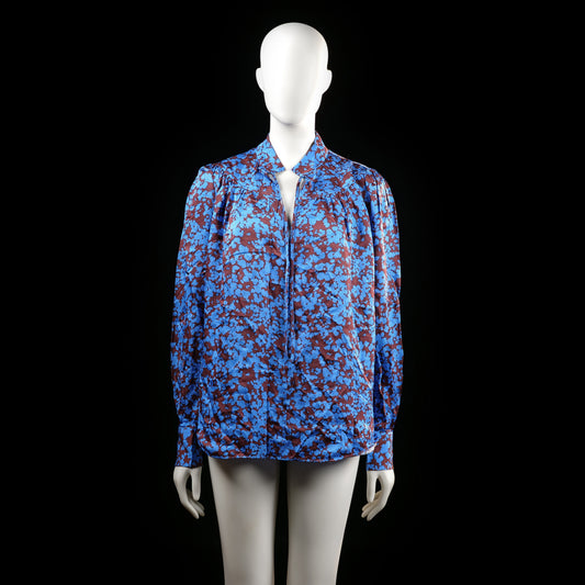 Second Female - Blouse - Light Blue & Burgundy - Size M - Loose-fitting blouse with a button-down front, long puffed sleeves, and a small stand collar with a tie detail. Features an all-over abstract floral print in blue on a burgundy background.