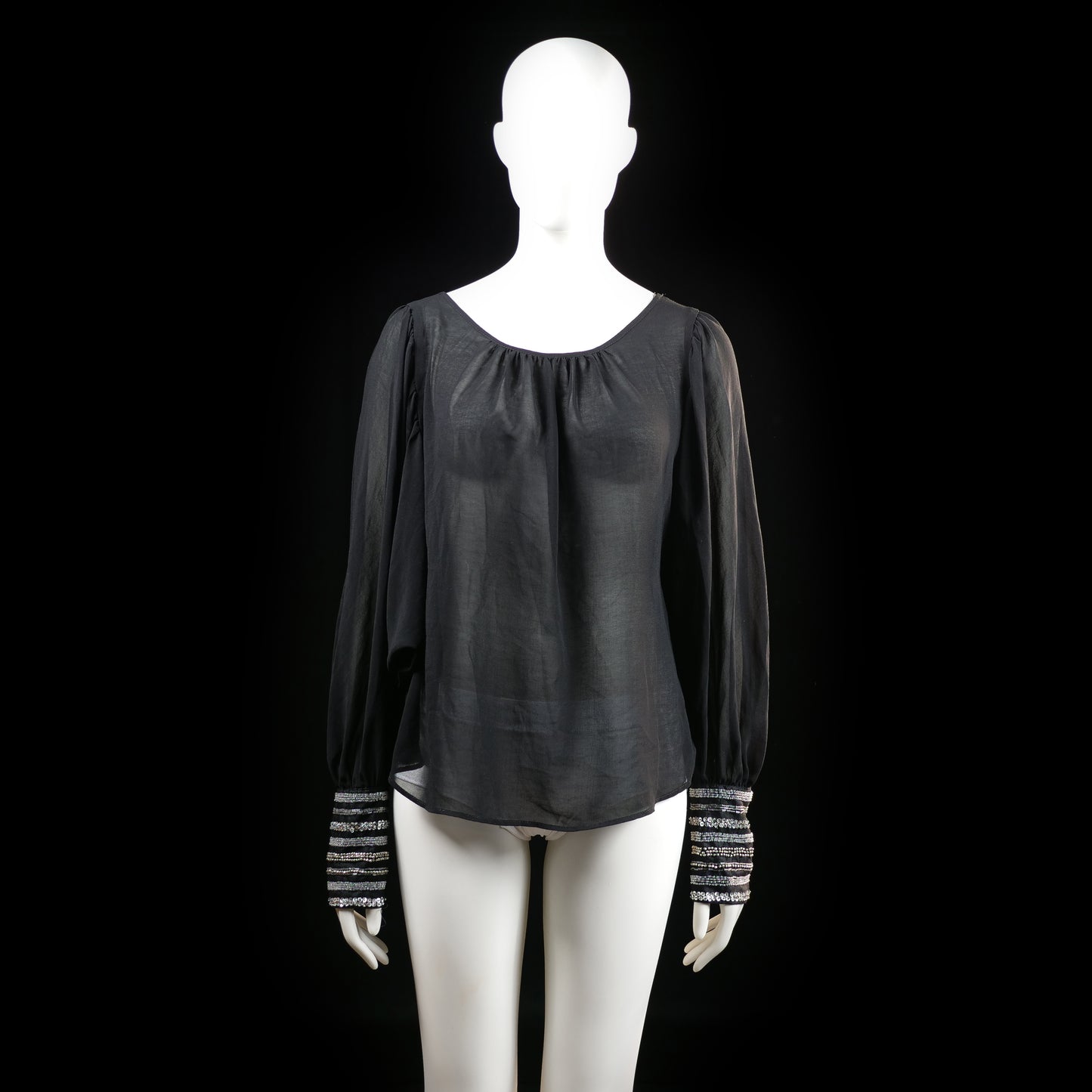 Warehouse - Blouse - Black & White - Size 40 - Sheer long-sleeve blouse with a gathered round neckline and voluminous sleeves. The wide cuffs feature horizontal stripe embellishments in contrasting tones.