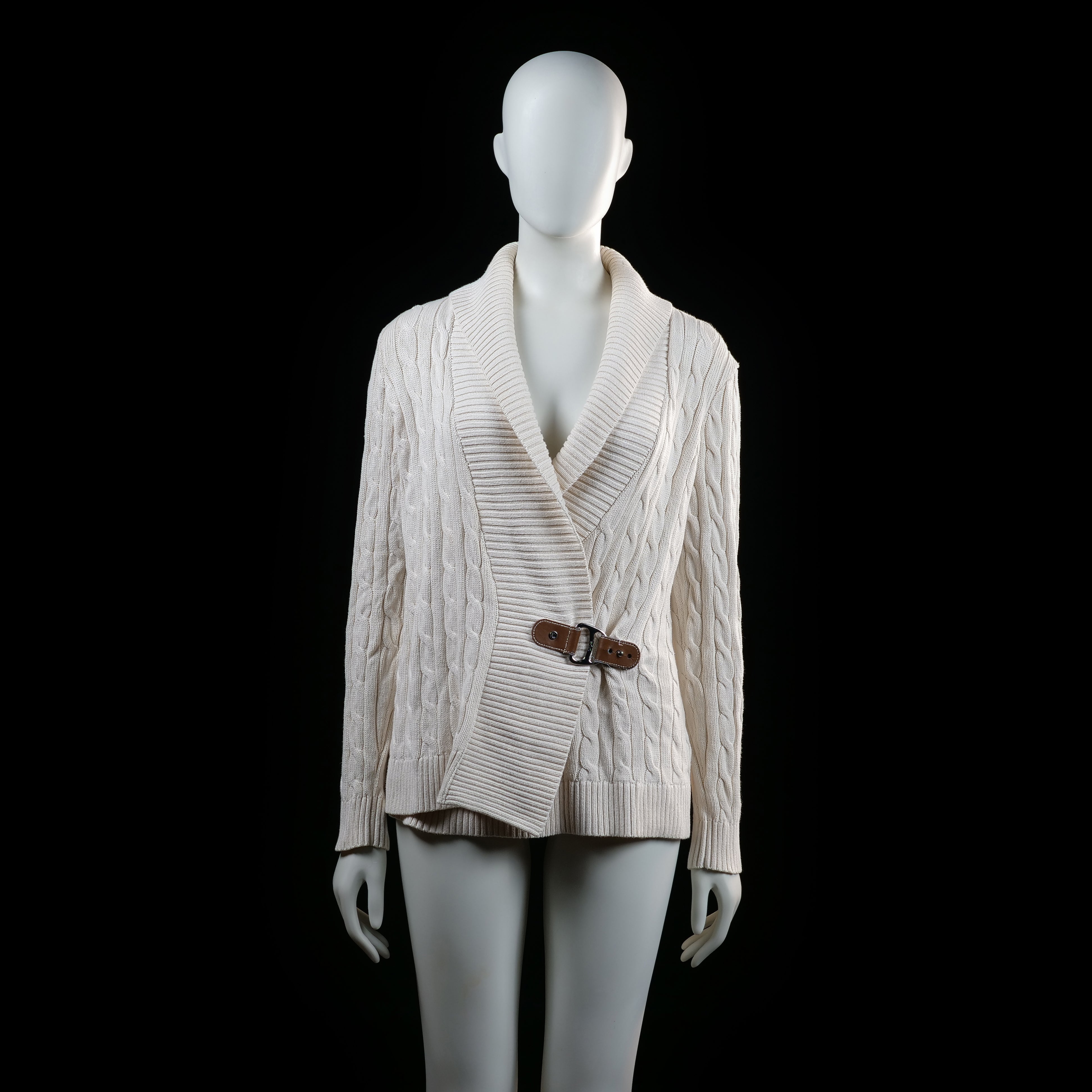 Ralph Lauren - Cardigan - Ivory - Size M - Cable knit cardigan with a wide ribbed shawl collar and an asymmetric front closure using a double buckle belt. Features full-length sleeves and ribbed cuffs and hem.