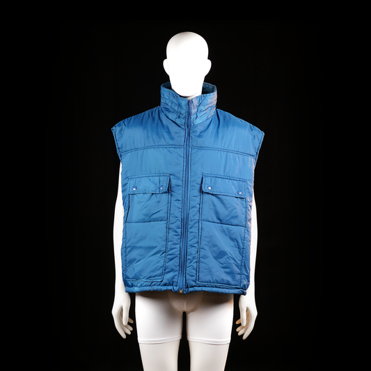 Masterpiece Apparel - Padded vest - Denim Blue - Size 2XL - Sleeveless padded vest with a high stand collar and front zipper closure. Features two large flap pockets with snap buttons on the front.
