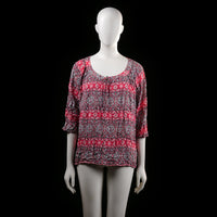 Soya Concept - Blouse - Multicolored - Size XL - Loose-fitting top with a scoop neckline and three-quarter sleeves with gathered elastic cuffs. Features an all-over multicolored geometric print and a slightly crinkled texture.