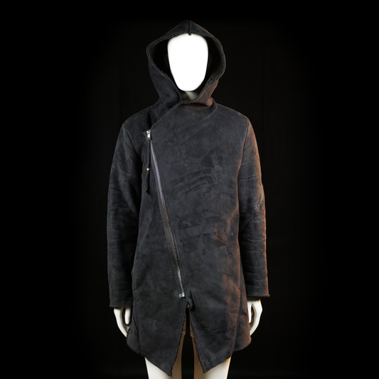 H&M Divided - Wrap coat - Black - Size M - Long hooded coat with an asymmetrical diagonal zipper closure and raw edges at the hem. Features a vertical zip pocket with pull tab on the upper sleeve.