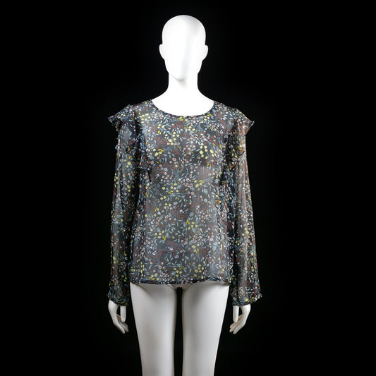Soaked - Blouse - Multicolored - Size XL - Sheer long-sleeve blouse with a multicolored floral print and ruffle detailing along the shoulders. Features a round neckline and flared cuffs.