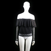 H&M - Blouse - Black - Size L - Off-the-shoulder long-sleeve top with sheer mesh sleeves and hem, detailed with polka dot pattern throughout. Ruffled mesh overlay at the neckline adds volume and texture.