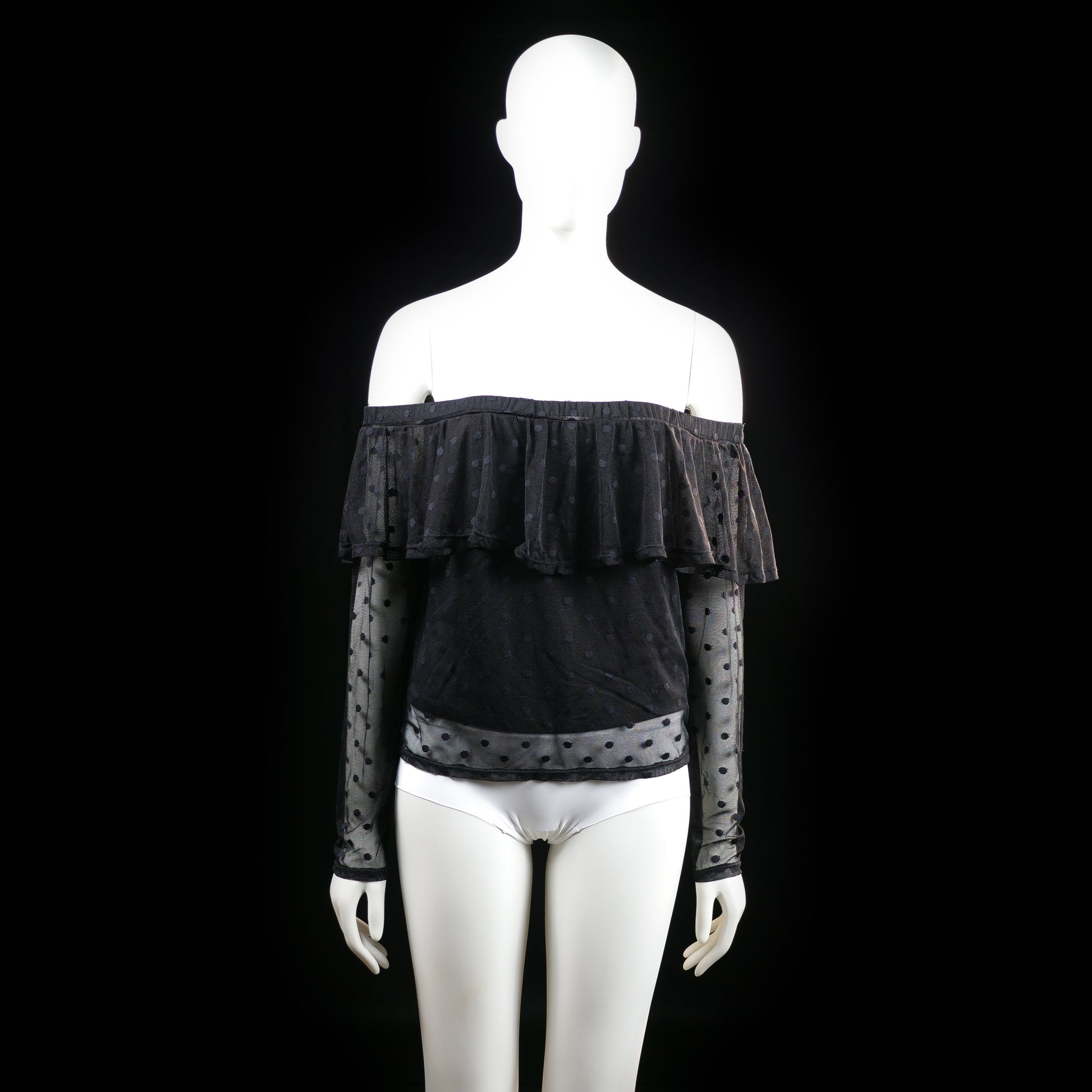 H&M - Blouse - Black - Size L - Off-the-shoulder long-sleeve top with sheer mesh sleeves and hem, detailed with polka dot pattern throughout. Ruffled mesh overlay at the neckline adds volume and texture.