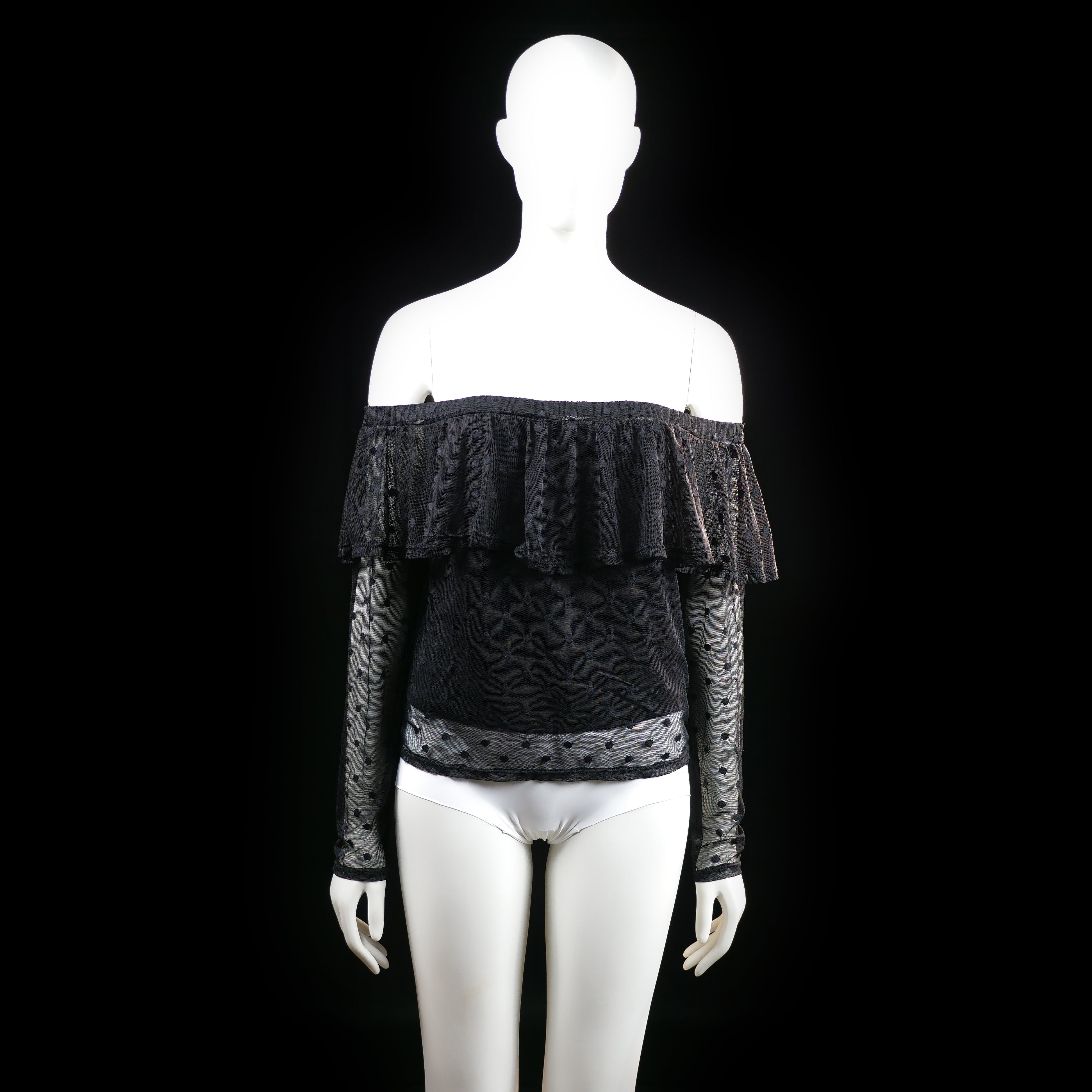 H&M - Blouse - Black - Size L - Off-the-shoulder long-sleeve top with sheer mesh sleeves and hem, detailed with polka dot pattern throughout. Ruffled mesh overlay at the neckline adds volume and texture.