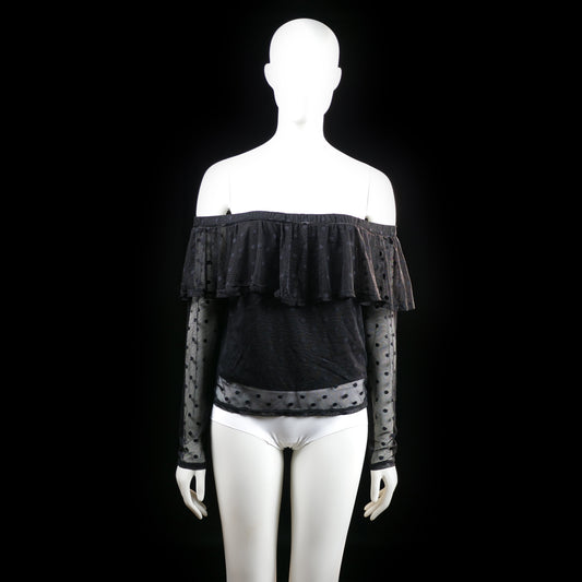 H&M - Blouse - Black - Size L - Off-the-shoulder long-sleeve top with sheer mesh sleeves and hem, detailed with polka dot pattern throughout. Ruffled mesh overlay at the neckline adds volume and texture.