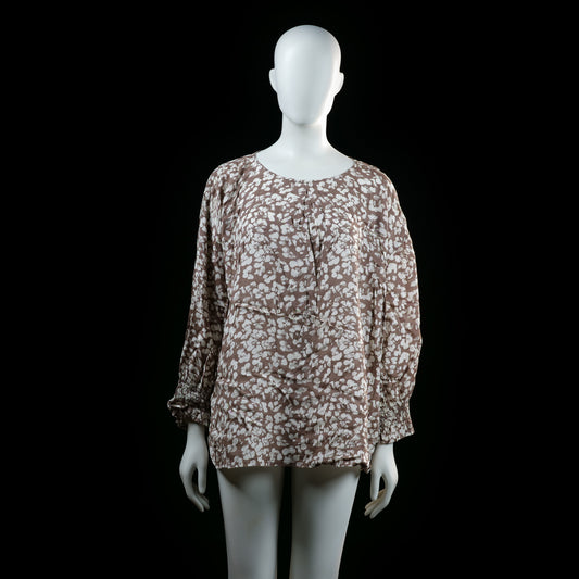 Bon'a Parte - Tunic - Taupe & White - Size XL - Loose-fitting tunic with a scoop neckline and long sleeves featuring gathered, shirred cuffs. All-over abstract floral print in white on a taupe background.