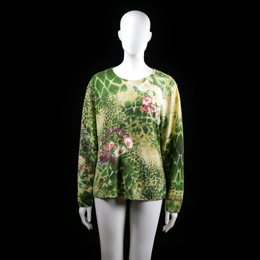 Kingfield - Sweater - Olive & Sand - Size L - Long-sleeve knit top with a loose fit, featuring a green and beige abstract reptile-like pattern with scattered pink floral print accents. The hem and cuffs are plain with no closures or embellishments.