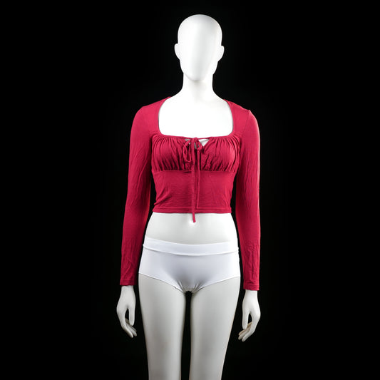Shein - Long-sleeve top - Red - Size S - Cropped long-sleeve top with a gathered bust and front tie detail. Features a square neckline and fitted silhouette.