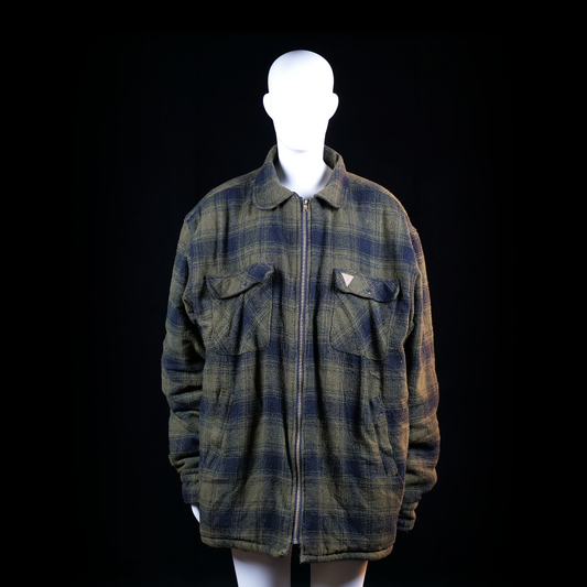 Woodstock - Fleece jacket - Olive & Navy - Size 4XL - Plaid zip-up jacket with an oversized fit, featuring two flap chest pockets and side welt pockets. The pattern alternates between olive and navy tones in a brushed texture.