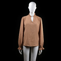 Shein - Blouse - Camel - Size L - Long-sleeve blouse with a textured dotted pattern, a ruffled split neckline, and elasticized cuffs with ruffle trim. Relaxed fit with a straight hemline.