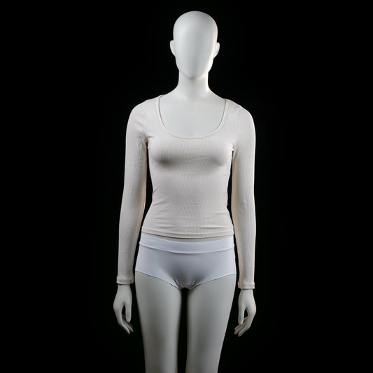 Lager 157 - Long-sleeve top - Ivory - Size XS, S - Fitted ribbed long-sleeve top with a scoop neckline. Hemline and sleeve cuffs are straight and unembellished.