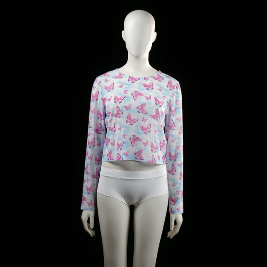 Asos Design - Long-sleeve top - Light Blue & Pink - Size 42 - Long-sleeve crop top with an all-over pink butterfly print on a light blue and white cloudy background. Features a crew neckline and no visible openings or closures.