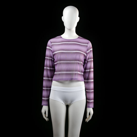 Asos Design - Long-sleeve top - Purple & White - Size 42 - Sheer long-sleeve top with a cropped hem and a crew neckline. Features horizontal blurry stripe patterns in varying shades.