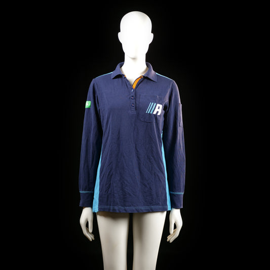 Company Fits - Polo - Navy & Light Blue - Size S - Long-sleeve polo top with a partial button placket, chest pocket with graphic print "A", and contrasting light blue paneling on the sides and upper back. "ACTION" text printed across the upper back.