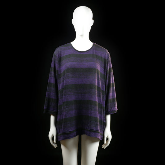 Fransa - Long-sleeve top - Black & Purple - Size XXL - Loose-fitting top with wide horizontal black and purple stripes and a round neckline. Features three-quarter length sleeves and a relaxed hem.