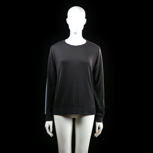 Sweatshirt - Black & Light Blue - Size M - Black crewneck sweatshirt with long sleeves and ribbed cuffs and hem. Features patterned side stripes along both sleeves in a contrasting color.