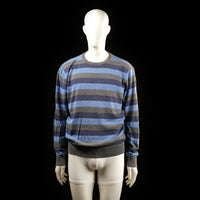 Identity - Sweater - Light Blue & Dark Gray - Size L - Long-sleeve sweater with a crew neckline featuring alternating horizontal stripes in light blue, gray, and dark gray. Ribbed cuffs, hem, and neckline.