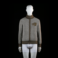 Rough Choice - Fleece jacket - Gray & Brown - Size M - Ribbed zip-up jacket with contrast ribbed cuffs, hem, and high collar. Features a chest patch on the front and large text detail across the upper back.