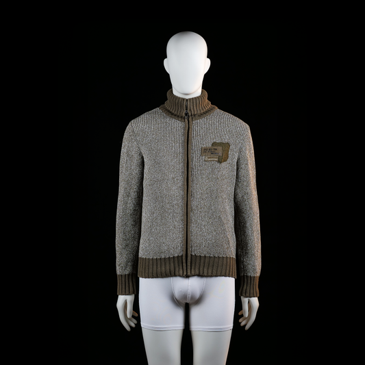 Rough Choice - Fleece jacket - Gray & Brown - Size M - Ribbed zip-up jacket with contrast ribbed cuffs, hem, and high collar. Features a chest patch on the front and large text detail across the upper back.