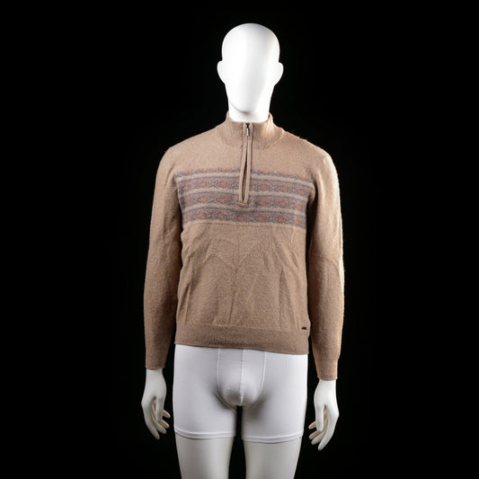 Gardeur - Sweater - Beige - Size XL - Long-sleeve sweater with a quarter-zip front and stand collar. Features a horizontal multicolored pattern across the chest.