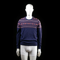Selected Homme - Sweater - Navy & Red - Size S - Crewneck sweater with ribbed cuffs and hem, featuring a multicolor geometric Fair Isle pattern across the chest, upper sleeves, and upper back.