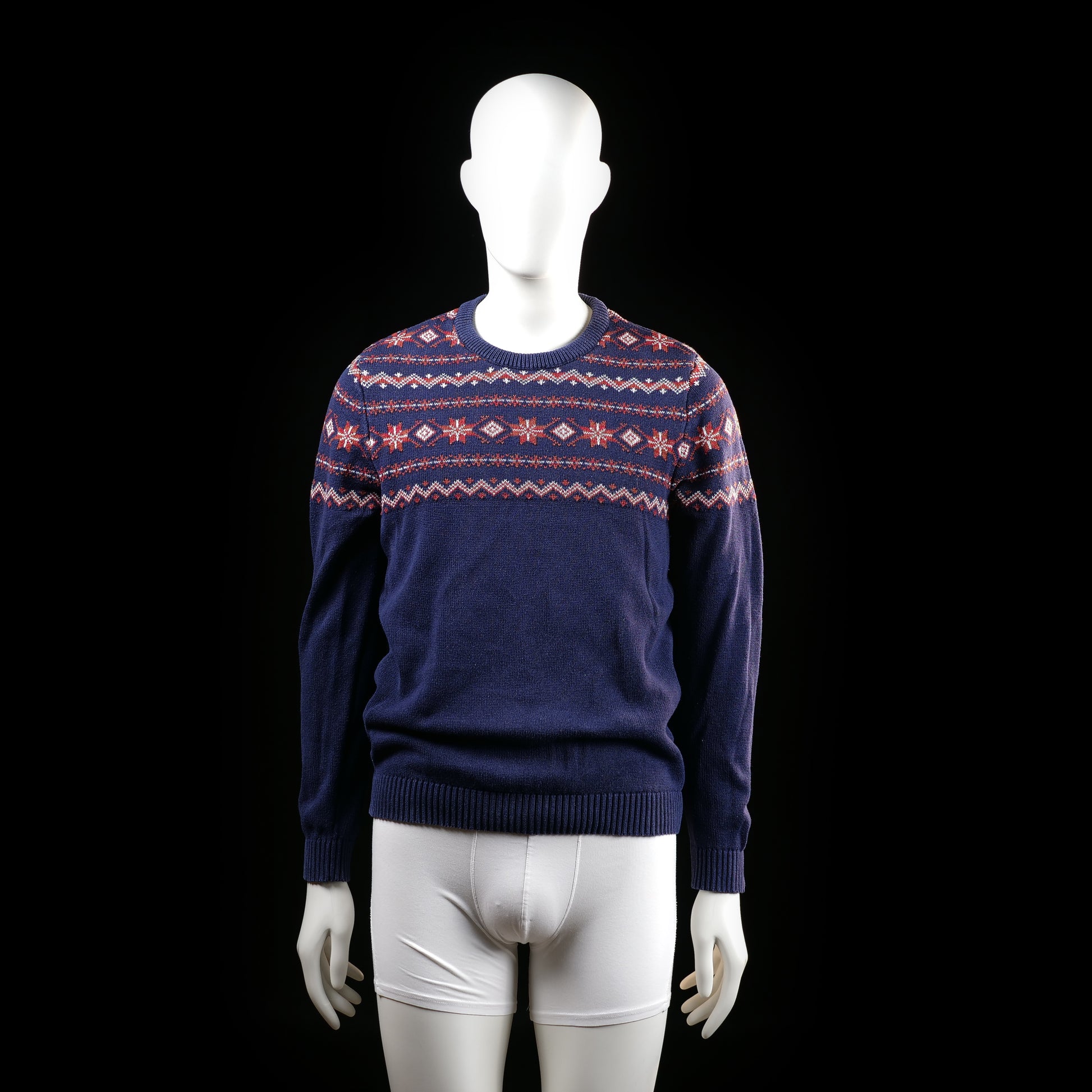 Selected Homme - Sweater - Navy & Red - Size S - Crewneck sweater with ribbed cuffs and hem, featuring a multicolor geometric Fair Isle pattern across the chest, upper sleeves, and upper back.