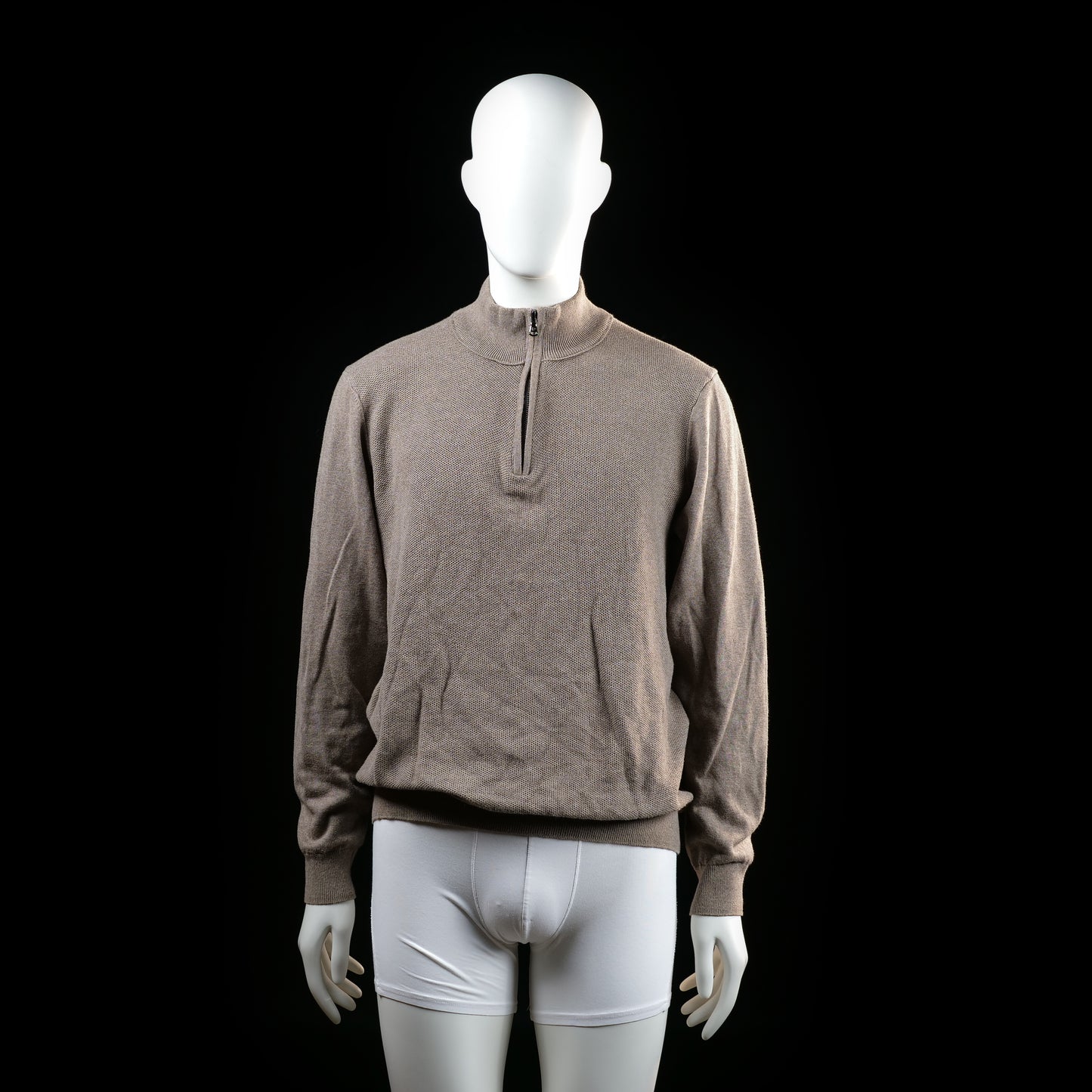 Park Lane - Sweater - Taupe - Size XL - Long-sleeve sweater with ribbed cuffs and hem, featuring a half-zip mock neck design.