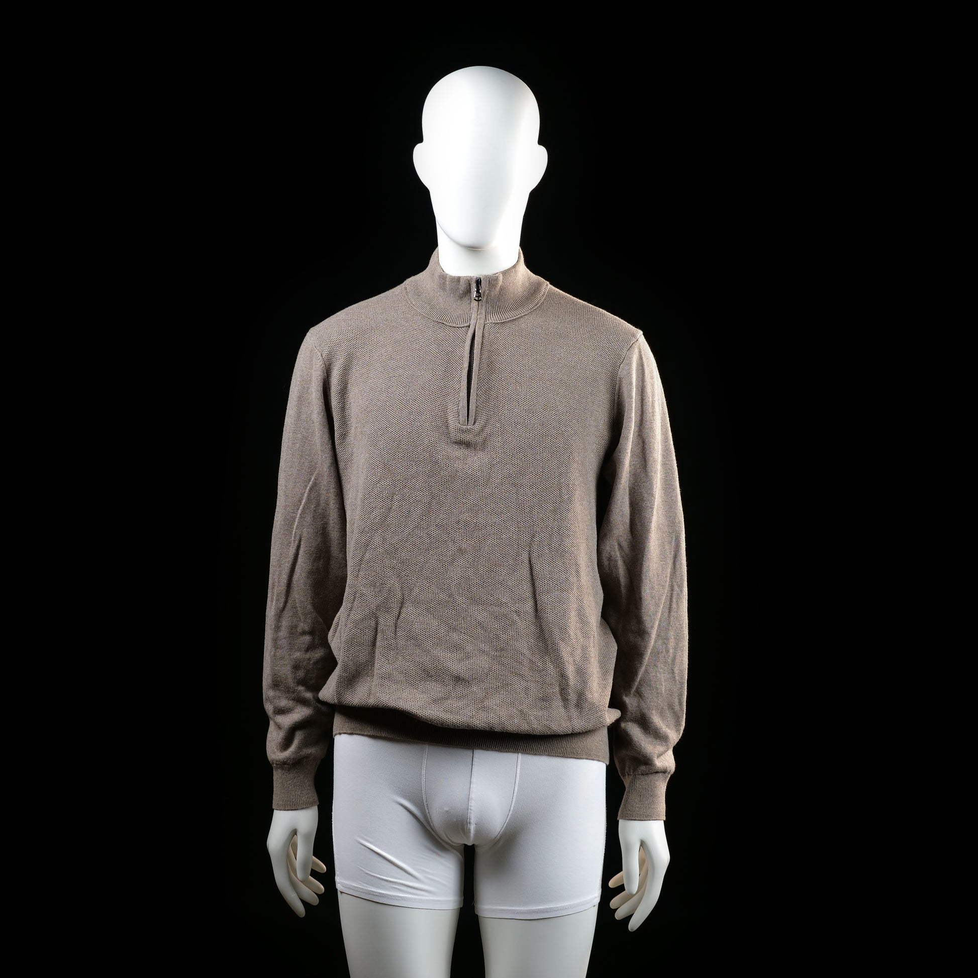 Park Lane - Sweater - Taupe - Size XL - Long-sleeve sweater with ribbed cuffs and hem, featuring a half-zip mock neck design.