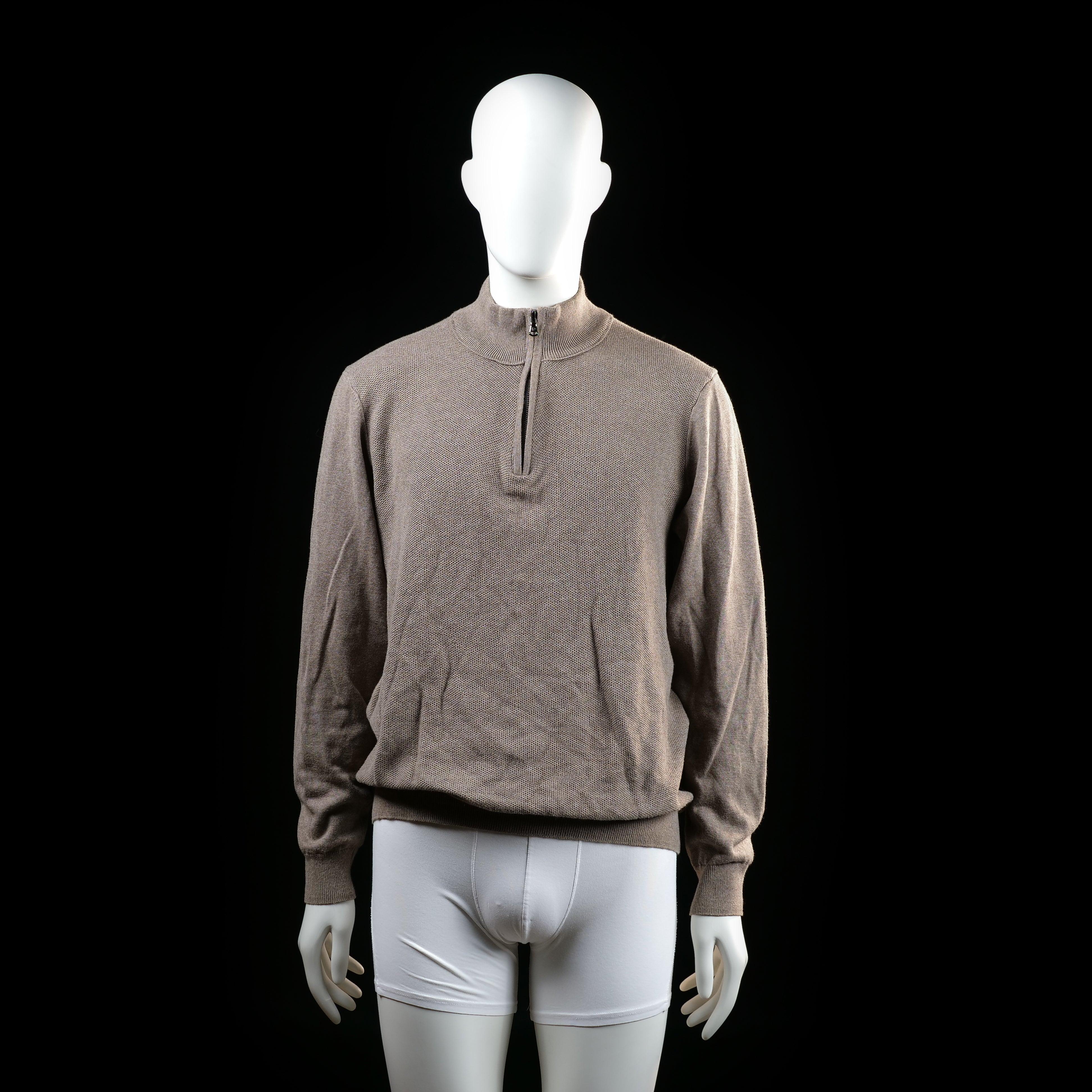 Park Lane - Sweater - Taupe - Size XL - Long-sleeve sweater with ribbed cuffs and hem, featuring a half-zip mock neck design.