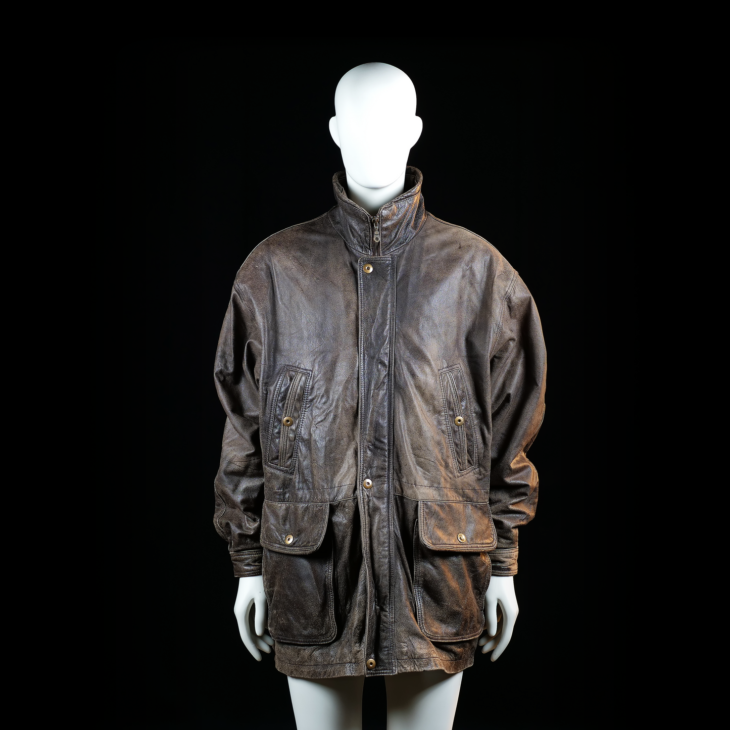 Echt Leder - Hunting jacket - Brown - Size 56 - Oversized leather jacket with a high collar, full zip and snap-front closure, and four front flap and welt pockets with button closures. Features a slightly curved hem and gathered cuffs with button tabs.