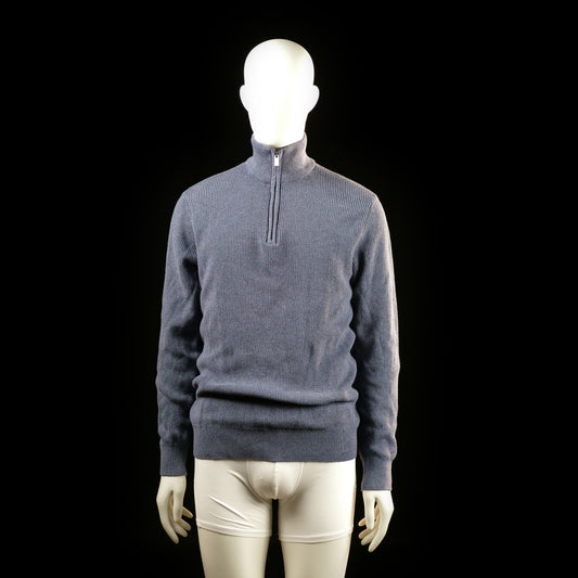Dobber - Sweater - Navy - Size M - Ribbed knit sweater with a high collar and a half-zip closure at the front. Features long sleeves and wide ribbed cuffs and hem.