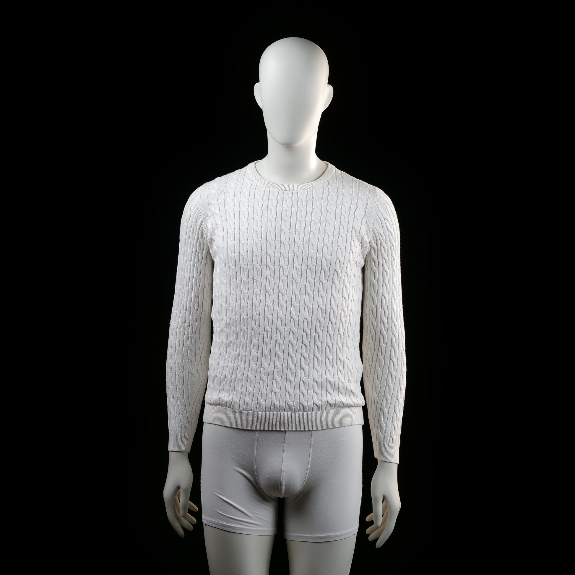 Basic You - Sweater - White - Size M - White cable-knit sweater featuring a crew neckline and ribbed cuffs and hem. The texture is consistent across the front, back, and sleeves.