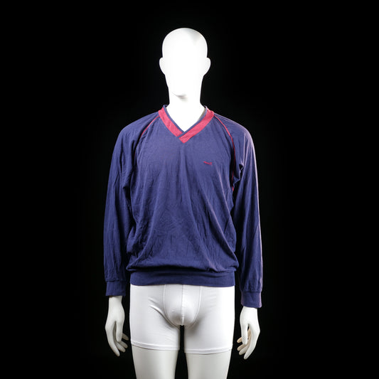 Wolsey - Sweatshirt - Navy & Red - Size M - Long-sleeve top with a deep V-neckline featuring wide contrasting red trim and matching red seam detailing along the shoulders. Finished with ribbed cuffs and hem.