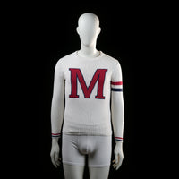 Marine - Sweater - White & Red & Navy - Size S - White knit sweater with a large red "M" on the chest and ribbed hem and cuffs. Features red and navy stripes on the left sleeve and matching striped cuffs.
