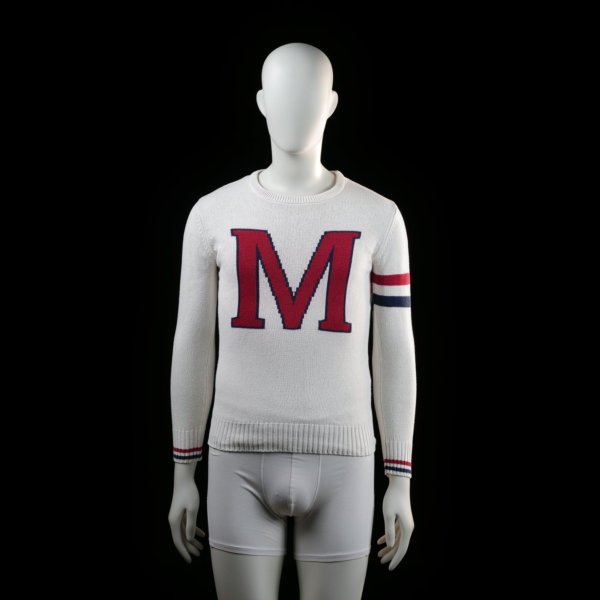 Marine - Sweater - White & Red & Navy - Size S - White knit sweater with a large red "M" on the chest and ribbed hem and cuffs. Features red and navy stripes on the left sleeve and matching striped cuffs.