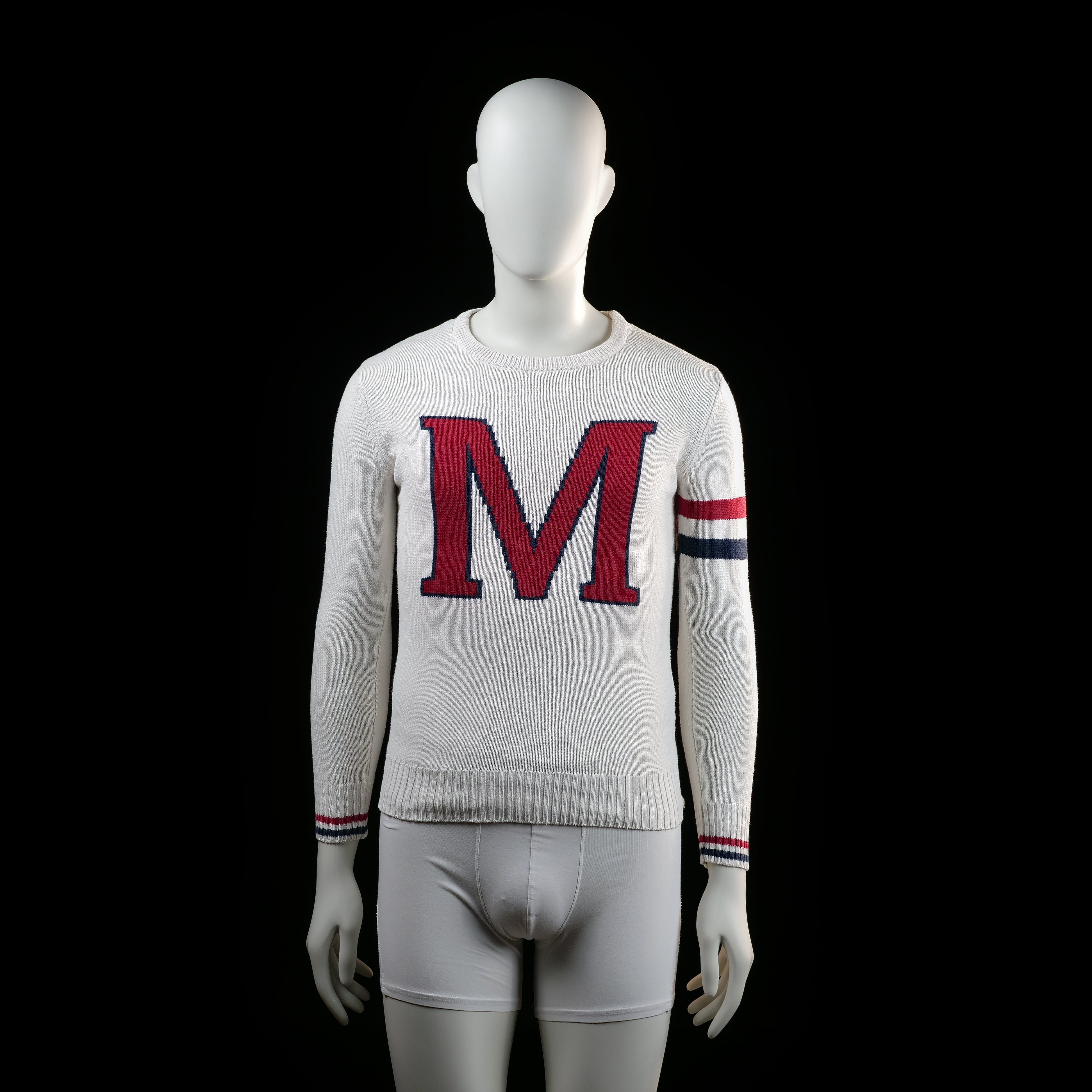 Marine - Sweater - White & Red & Navy - Size S - White knit sweater with a large red "M" on the chest and ribbed hem and cuffs. Features red and navy stripes on the left sleeve and matching striped cuffs.