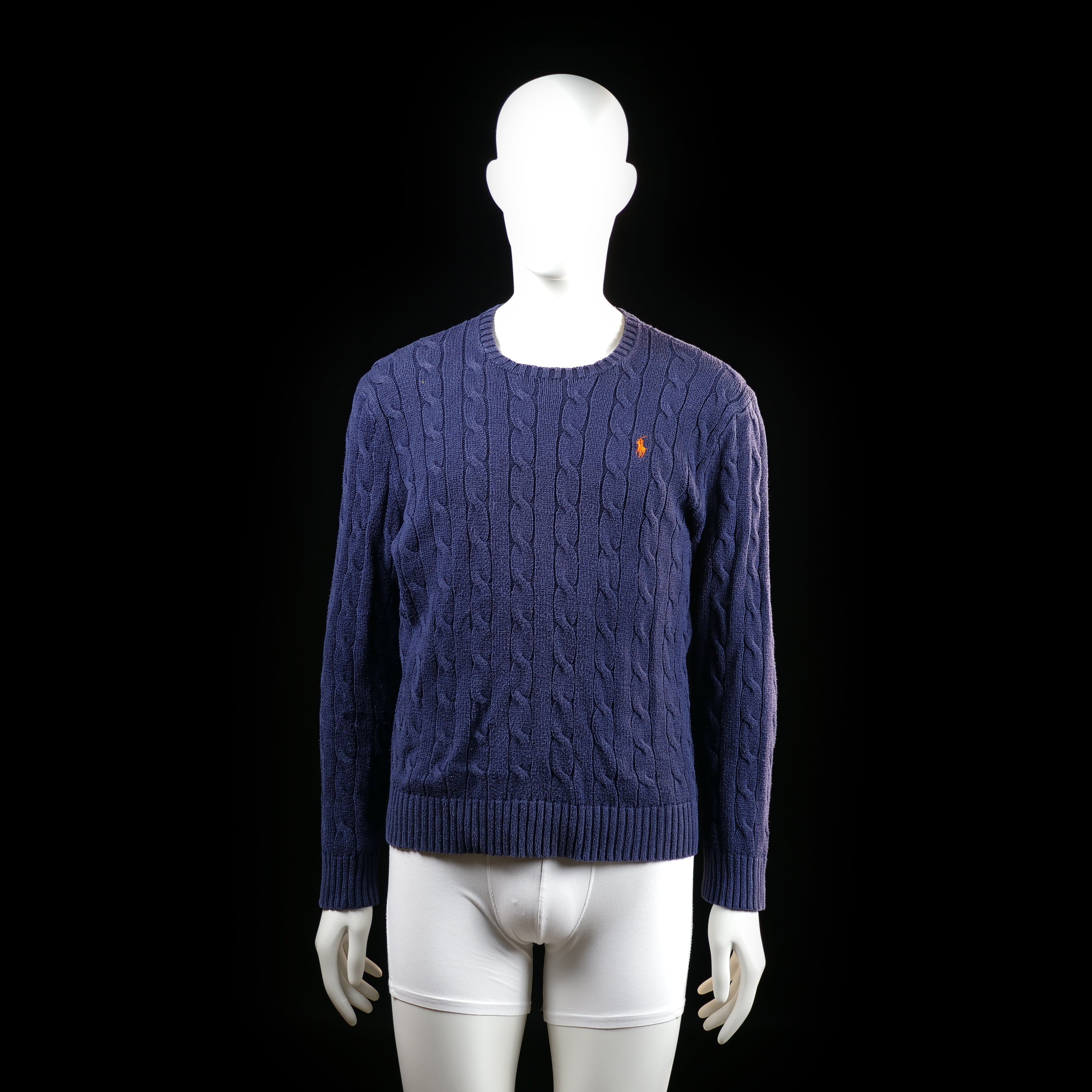 Ralph Lauren Polo - Sweater - Navy - Size M - Cable knit crewneck sweater with ribbed cuffs and hem. Features a small embroidered logo on the left chest.