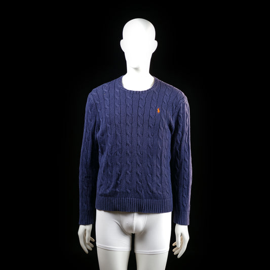 Ralph Lauren Polo - Sweater - Navy - Size M - Cable knit crewneck sweater with ribbed cuffs and hem. Features a small embroidered logo on the left chest.