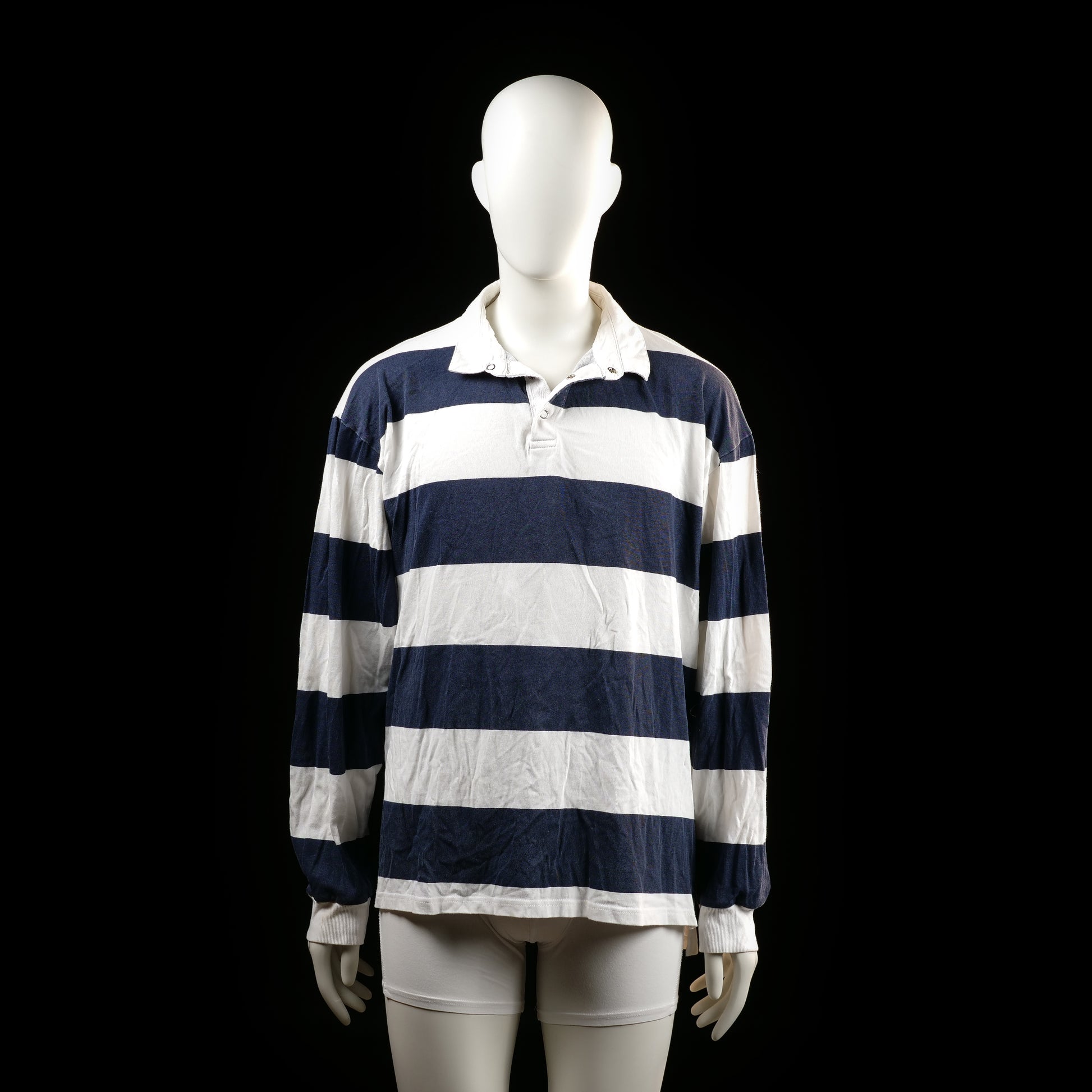 Lager 157 - Shirt - White & Navy - Size L - Long-sleeve top with wide horizontal navy and white stripes and a soft collar with partial button placket. Features gathered cuffs and a relaxed fit.