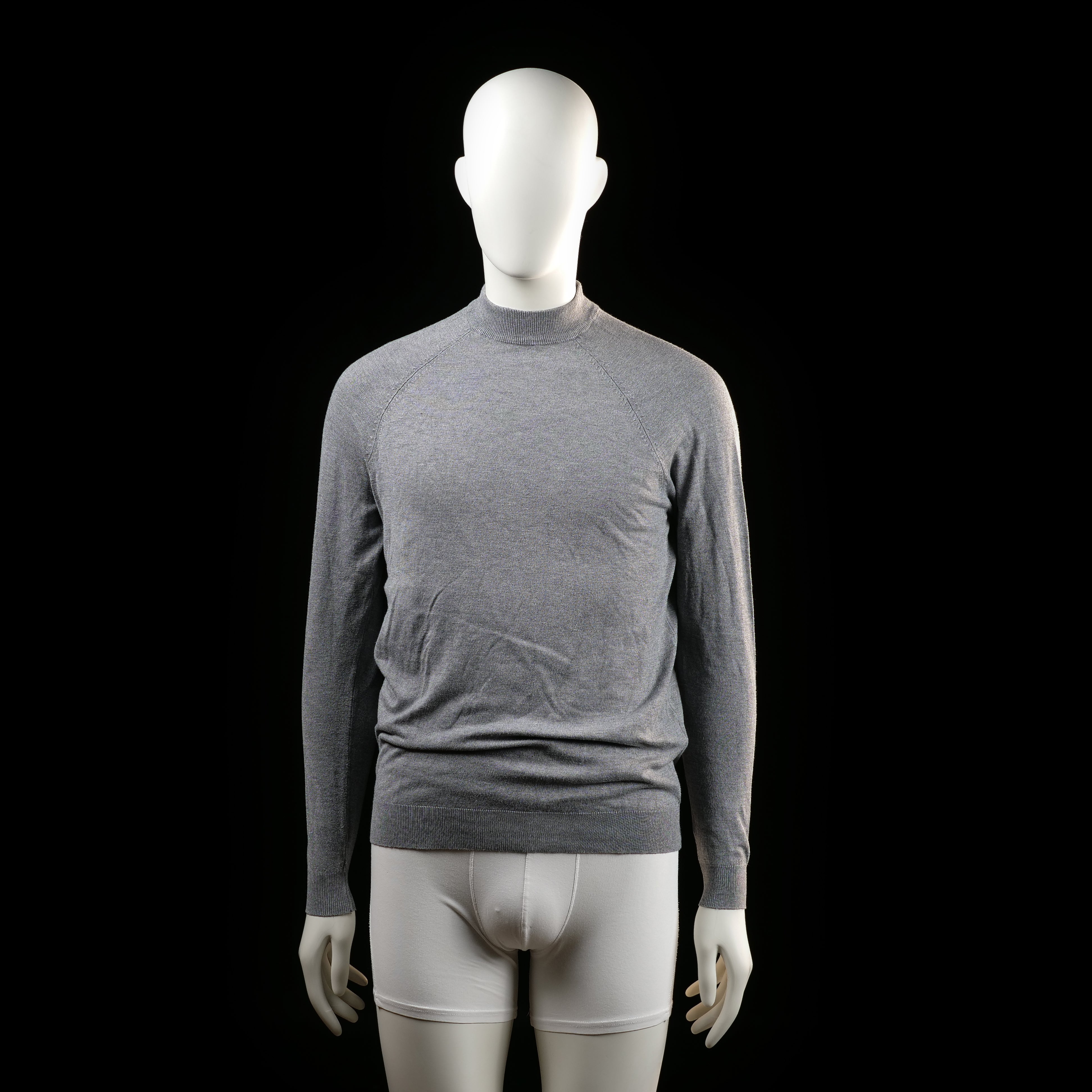 Zara - Sweater - Light Gray - Size S - Light gray long-sleeve knit top with a mock neckline and ribbed cuffs and hem. Seam lines run diagonally from the collar to the underarms.