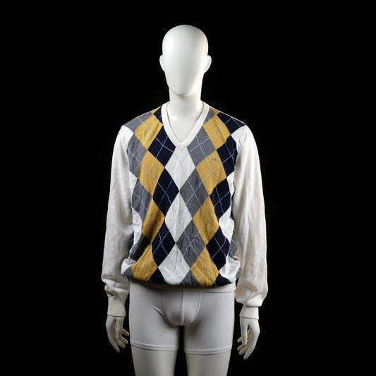 U.S. Polo Assn - Sweater - Multicolored - Size L - Long-sleeve sweater with a ribbed V-neckline and cuffs. The front features a bold argyle pattern in navy, mustard yellow, white, and gray, while the back and sleeves are solid white.