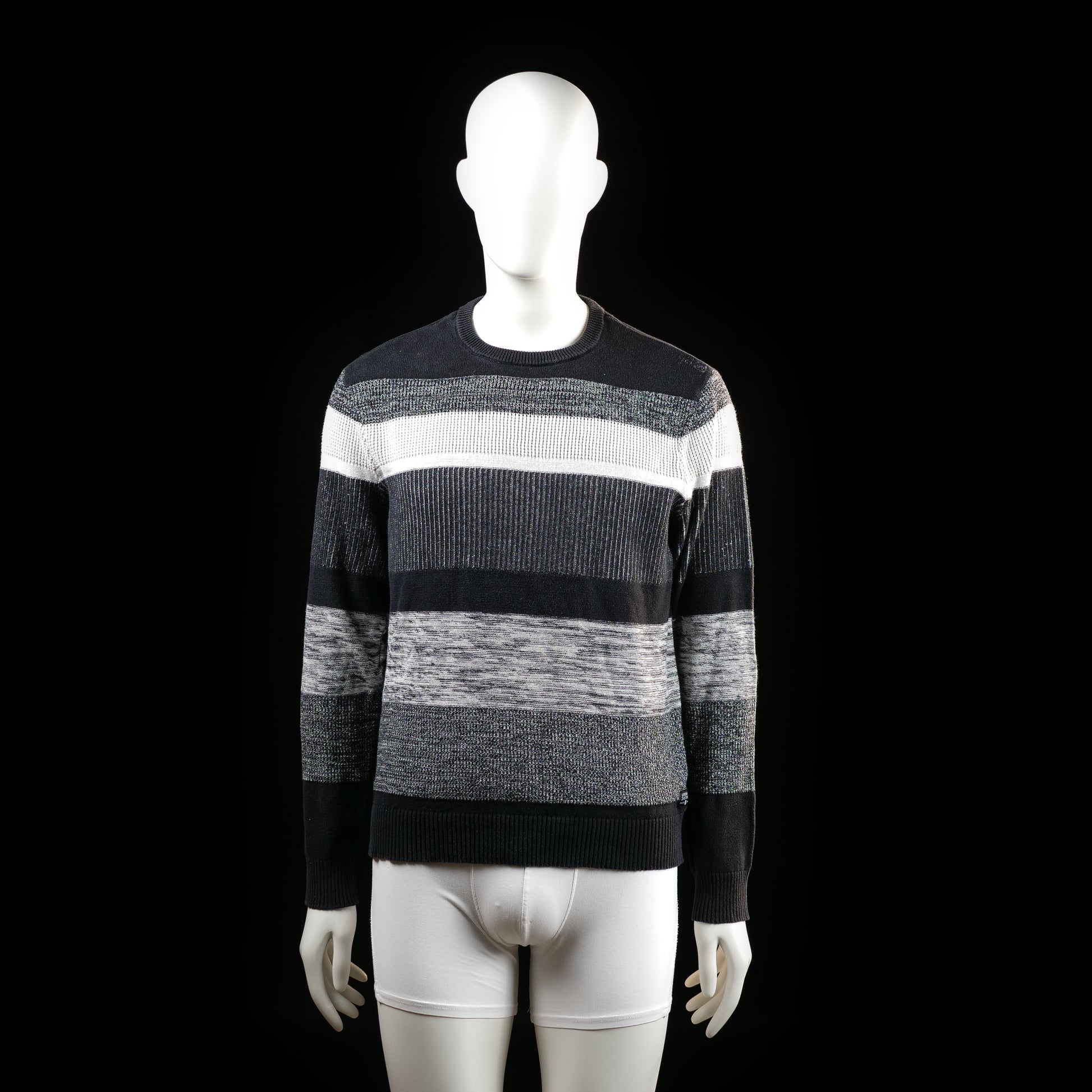 Urbndist - Sweater - White & Charcoal - Size L - Crew neck sweater with wide horizontal stripes in mixed knitted textures. The color-blocked design alternates between black, white, gray, and charcoal tones.