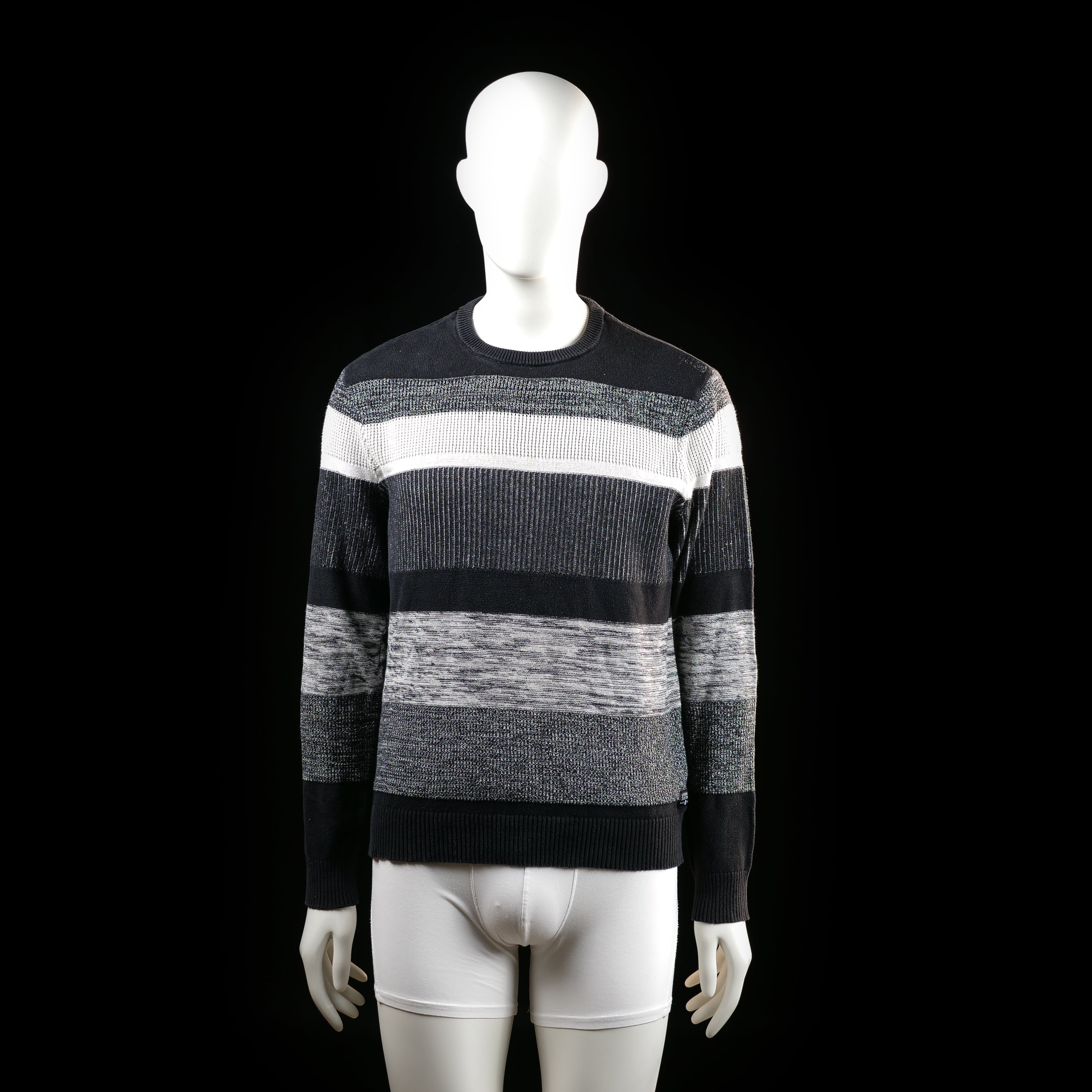 Urbndist - Sweater - White & Charcoal - Size L - Crew neck sweater with wide horizontal stripes in mixed knitted textures. The color-blocked design alternates between black, white, gray, and charcoal tones.