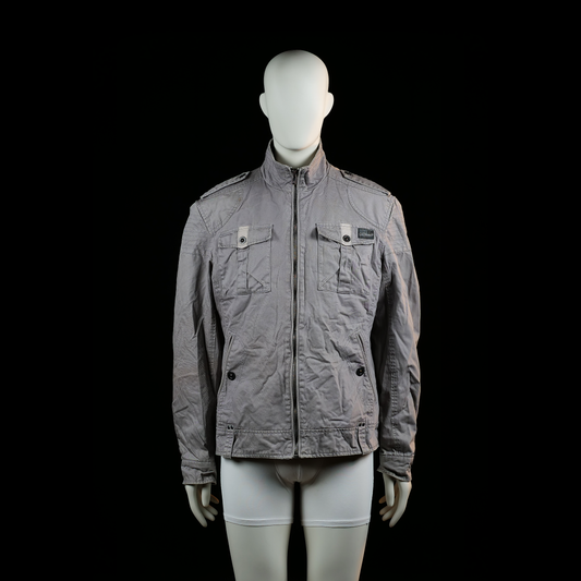 Jack & Jones - Hunting jacket - Light Gray - Size XL - Light gray zip-front jacket featuring a stand collar with snap tab closure, shoulder epaulets, and flap chest pockets with button details. Quilted stitching detail on the upper sleeves.