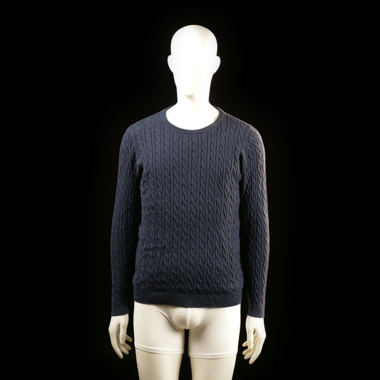 Basic You - Sweater - Navy - Size L - Dark navy blue cable knit sweater with a round neckline and ribbed cuffs and hem. The textured cable pattern covers the entire front, back, and sleeves.