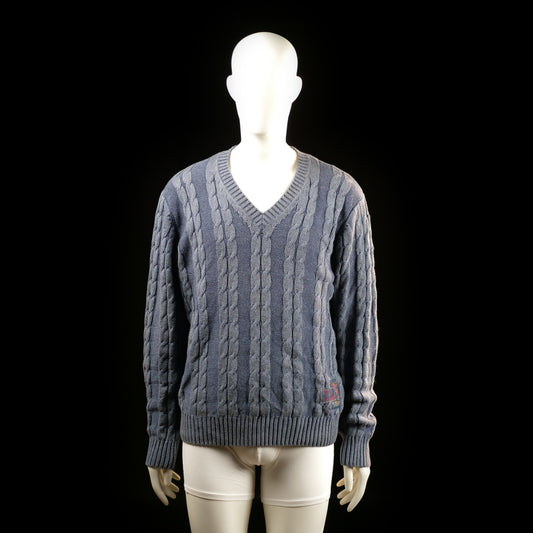 Gant - Sweater - Gray - Size L - Cable-knit V-neck sweater with ribbed cuffs and hem. Features a small patch near the bottom hem on the left side.