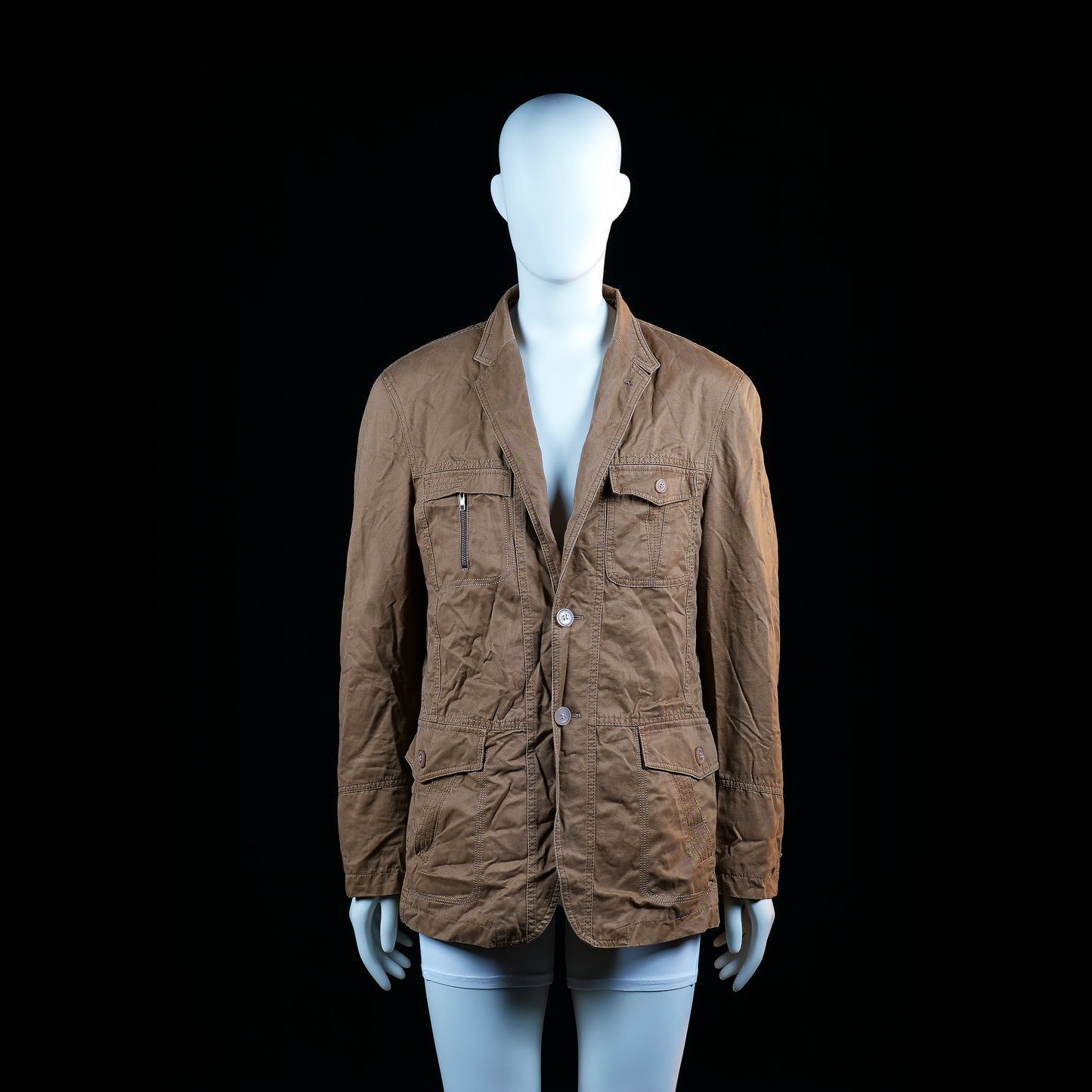 Jean Courcel - Safari jacket - Camel - Size 52 - Single-breasted jacket with a notch lapel, front button closure, and multiple flap and zip pockets on the chest and hips. Features a back vent and buttoned cuffs.