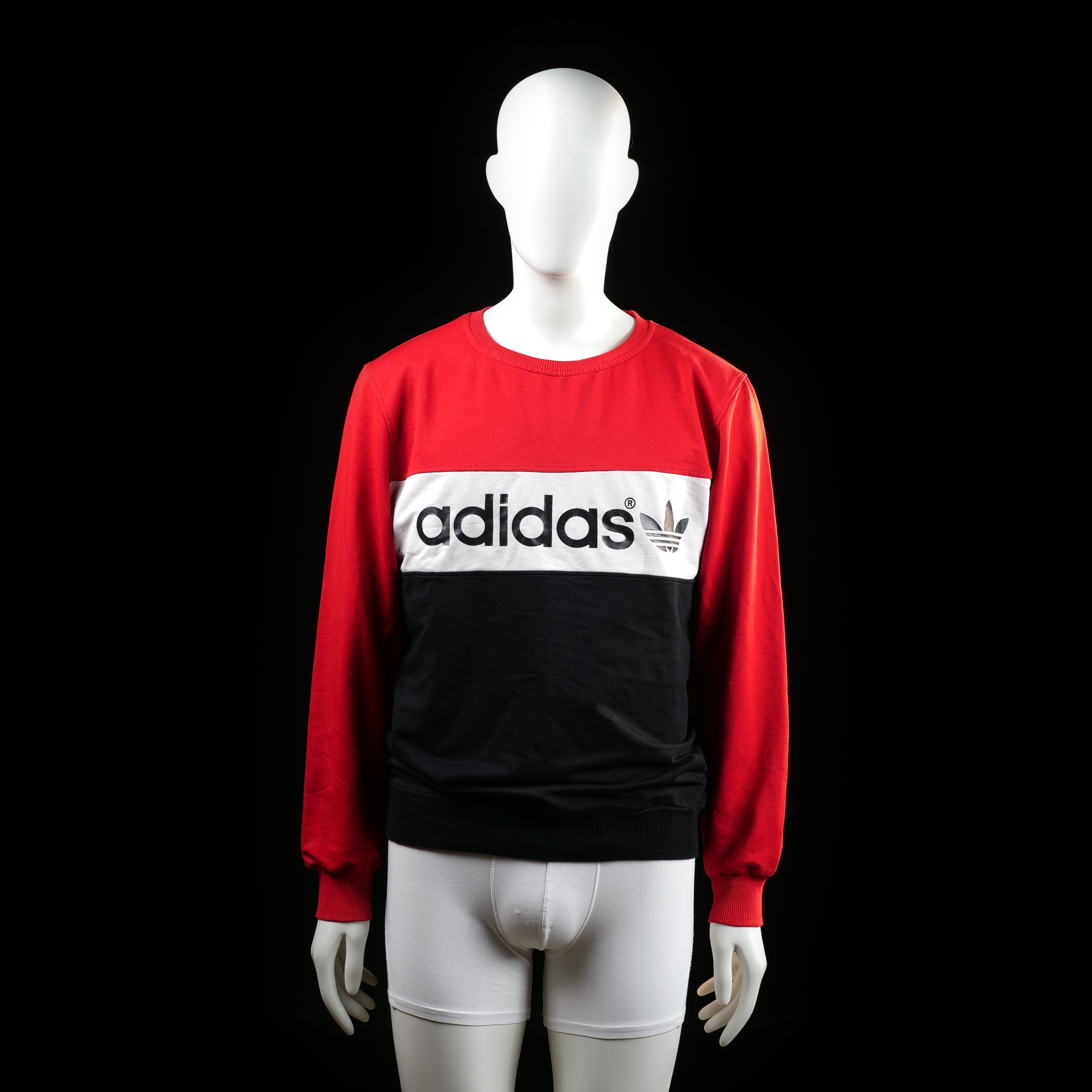 Adidas - Sweatshirt - Red & White & Black - Size XXL - Color-blocked sweatshirt with red upper, white central panel featuring a large black "adidas" logo, and black lower section. Features ribbed cuffs and hem with a crew neckline.